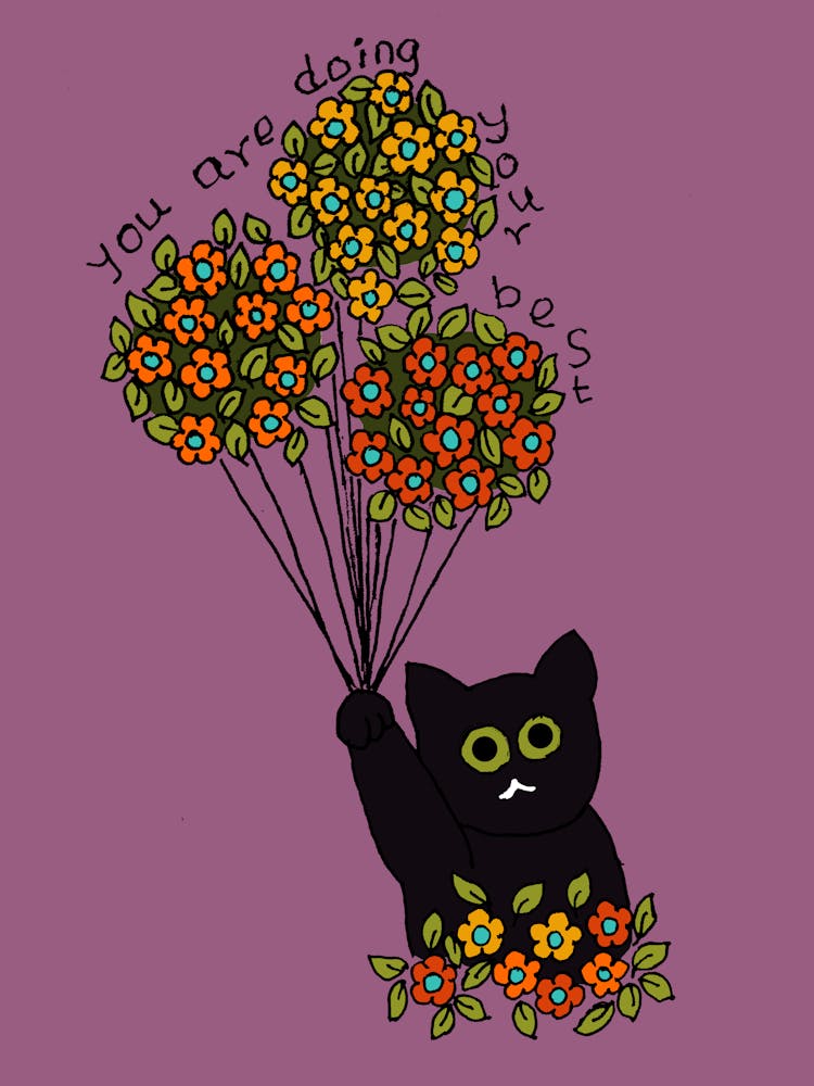Cat With Flowers Balloon Motivational Quote