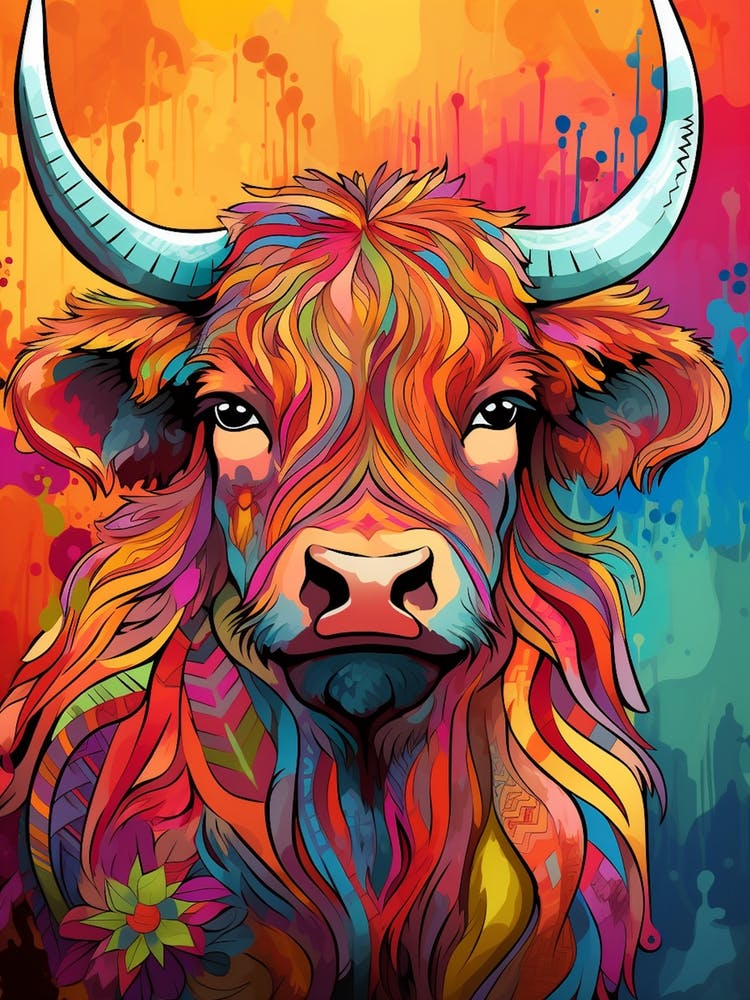 Illustration Colorée en Patchwork de Vache Highland 2