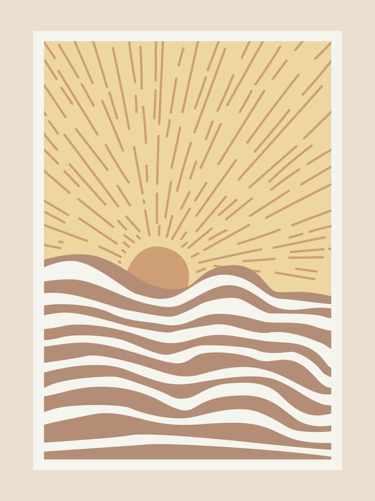 Sonnenuntergang am Strand, Boho-Erdtöne, Illustration