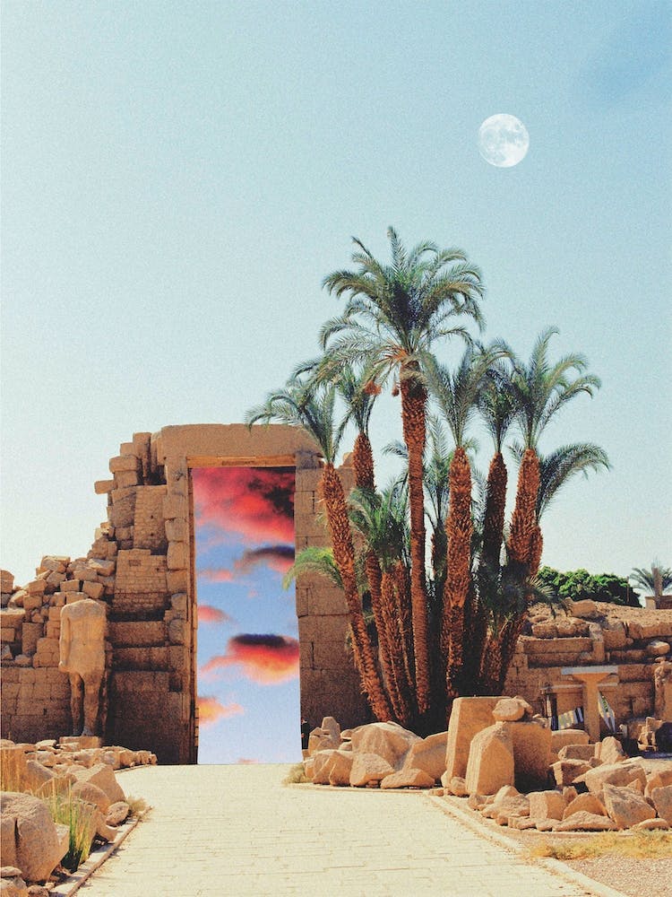 Portal In Egypt With Palms And Moon
