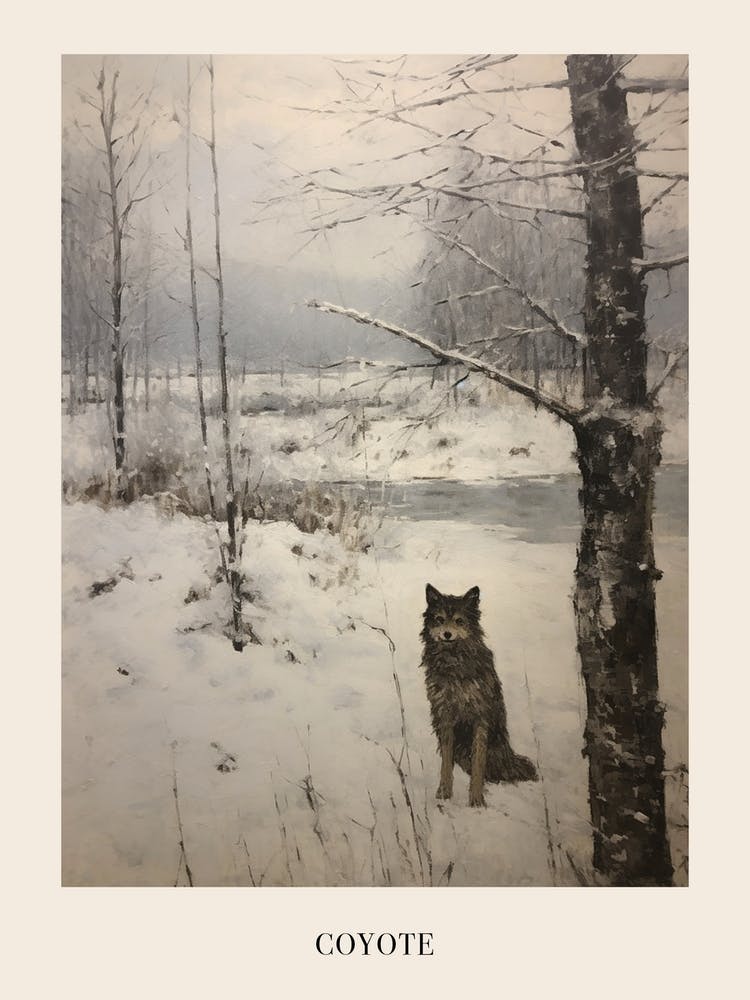 Vintage Winter Animal Painting Poster Coyote 1