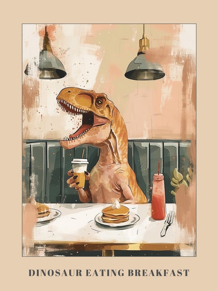 Muted Mustard Dinosaur Eating Breakfast At A Diner Poster