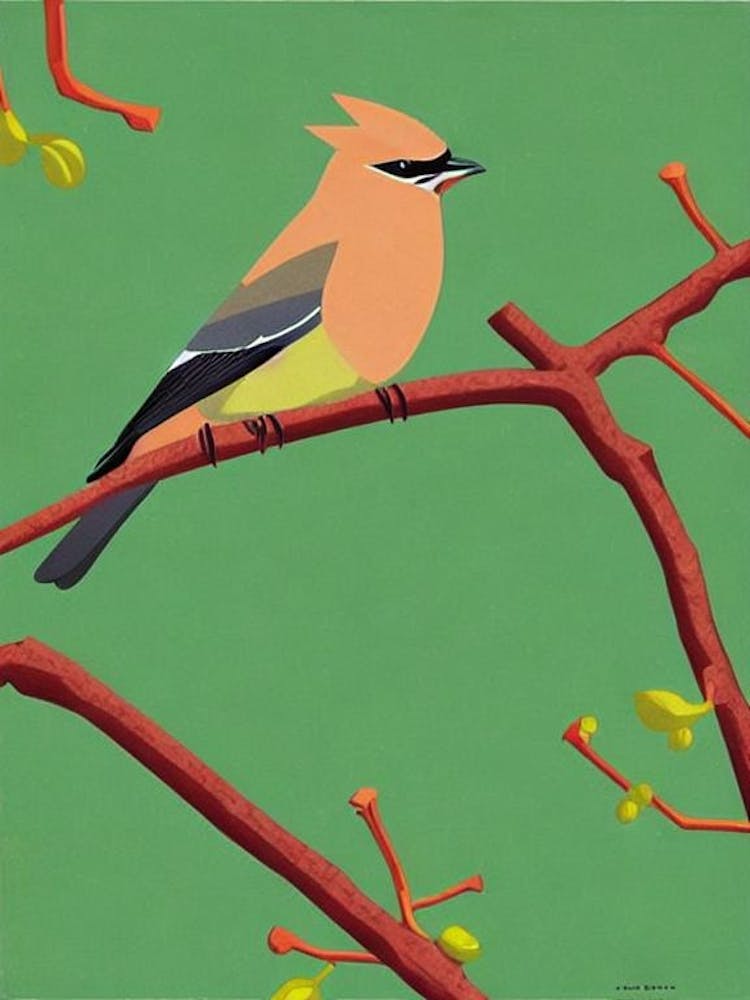 Cedar Waxwing 3 Midcentury Illustration Bird