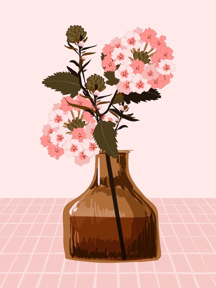 Pink Vase of Flowers Modern Botanical