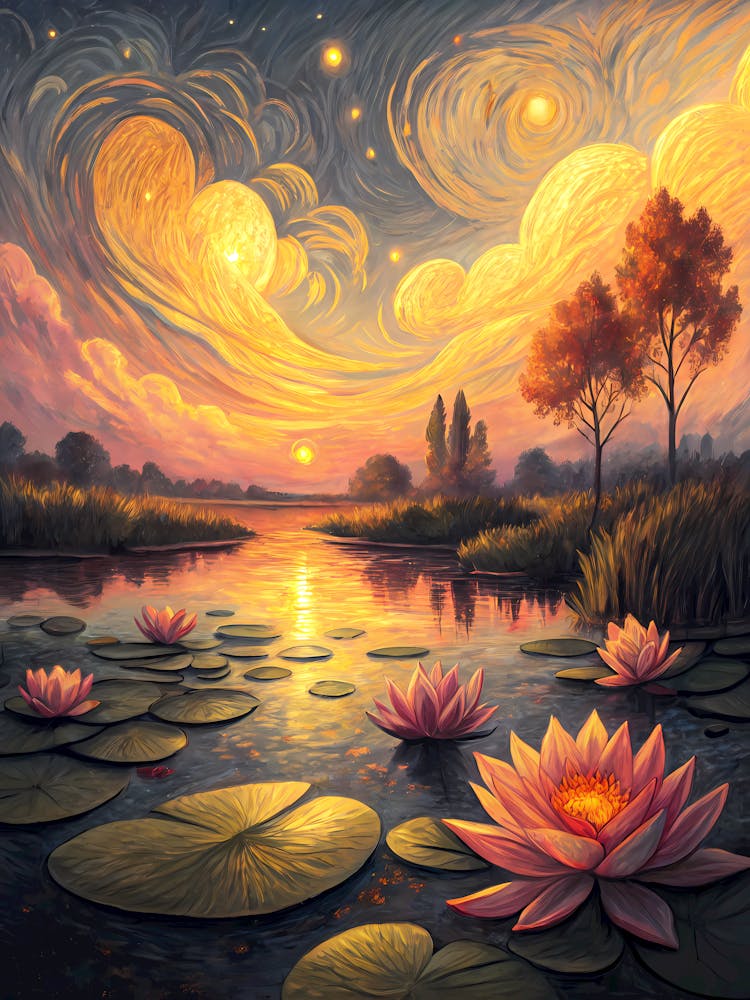 Van Gogh Water Lilies Sunset River & Swirling Sky