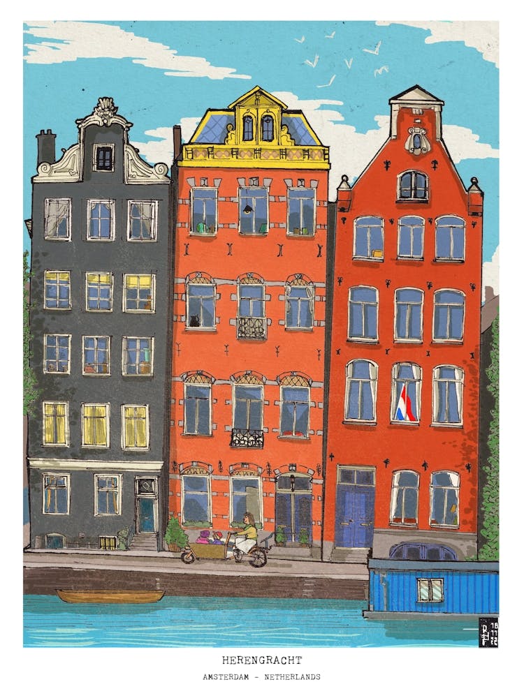 Amsterdamer Grachtenhäuser – Niederländische Stadtlandschaft Wandbild – Retro Niederlande Illustration