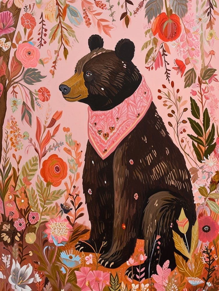 Floral Animal Painting Brown Bear 4