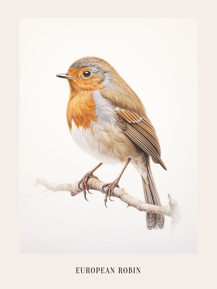 Vintage Bird Drawing European Robin 1 Poster