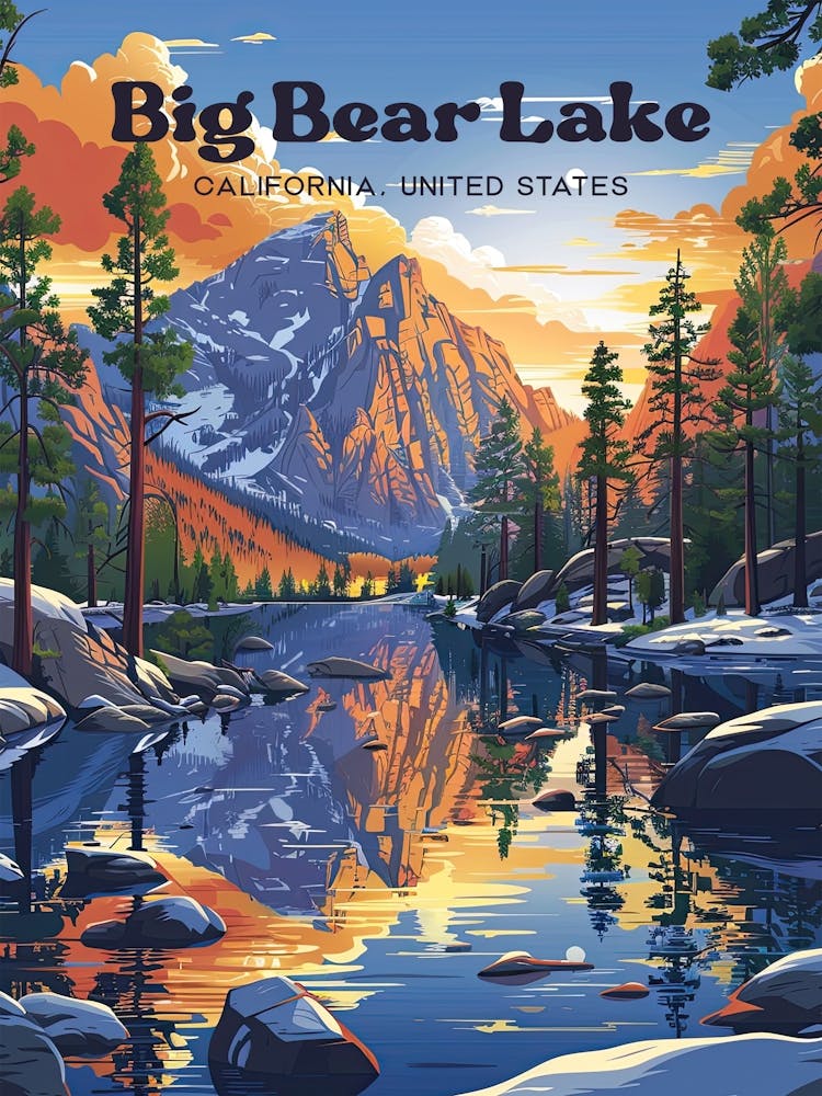 Big Bear Lake California Ski Resort Travel Art Illustration