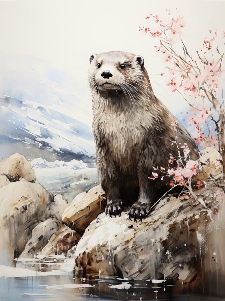 Otter, Japanese Brush Painting, Ukiyo E, Minimal 3