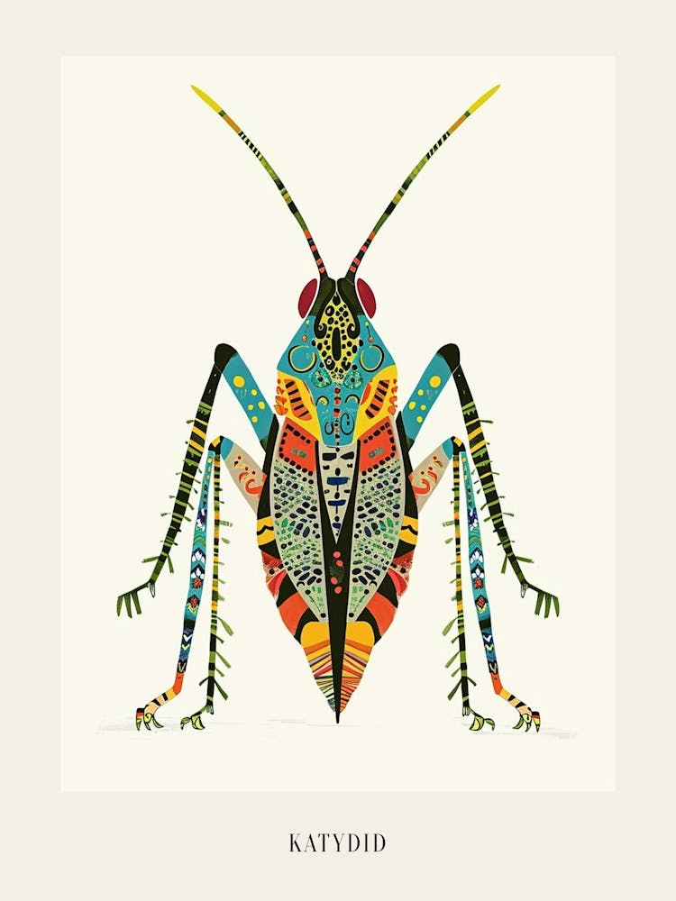 Colourful Insect Illustration Katydid 7 Poster