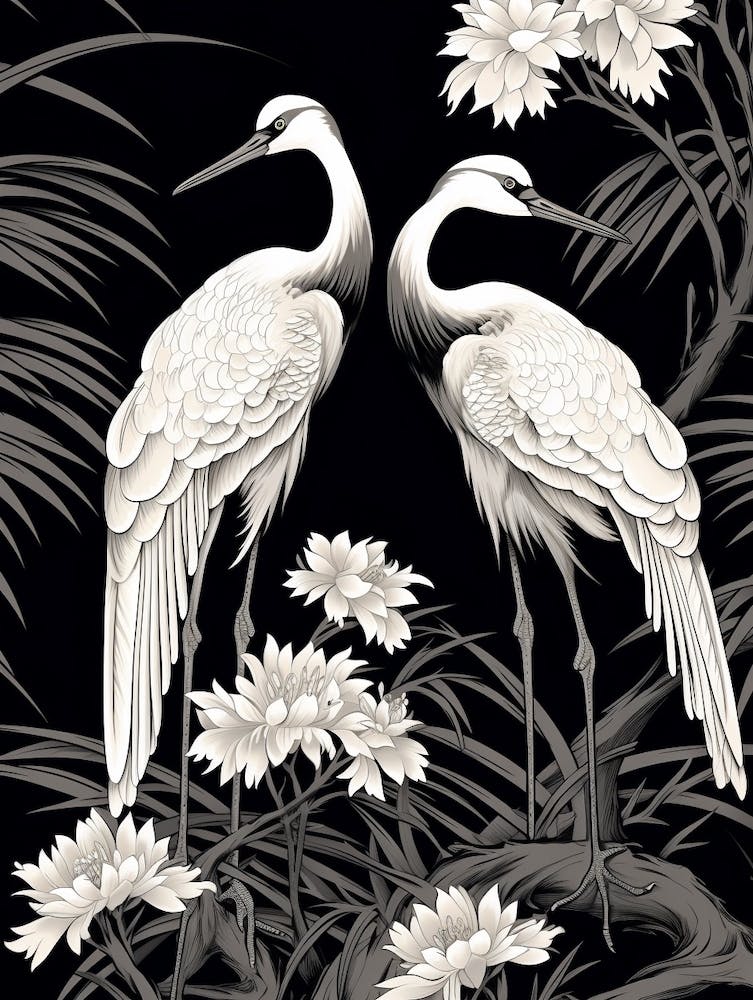 Black And White Cranes 3 Vintage Japanese Botanical