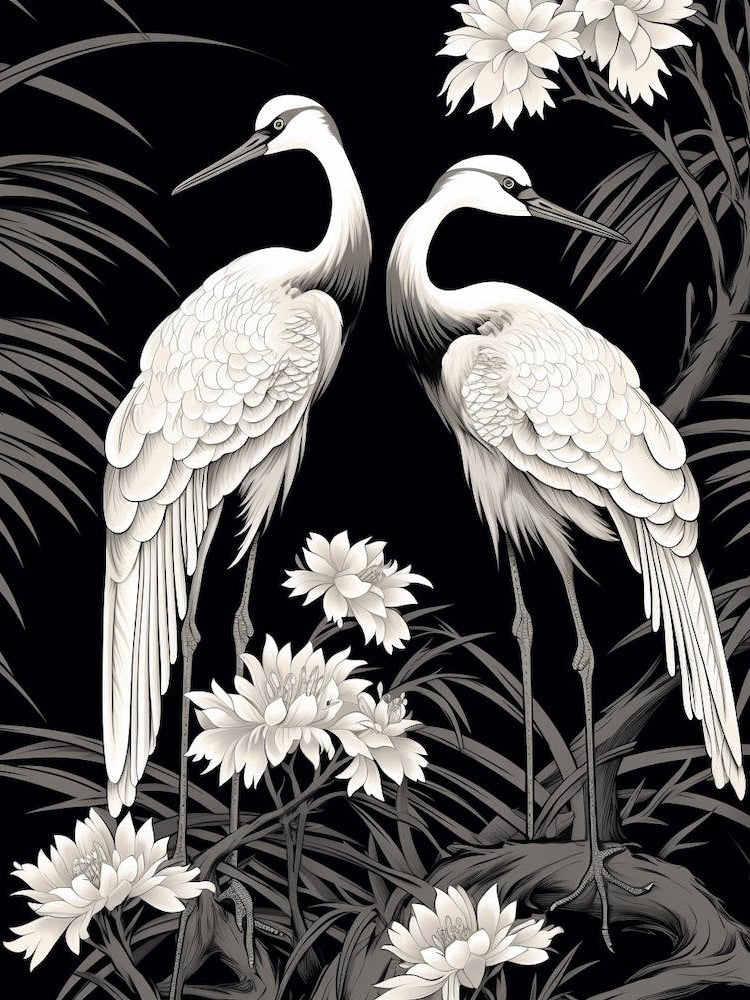 Black And White Cranes 3 Vintage Japanese Botanical