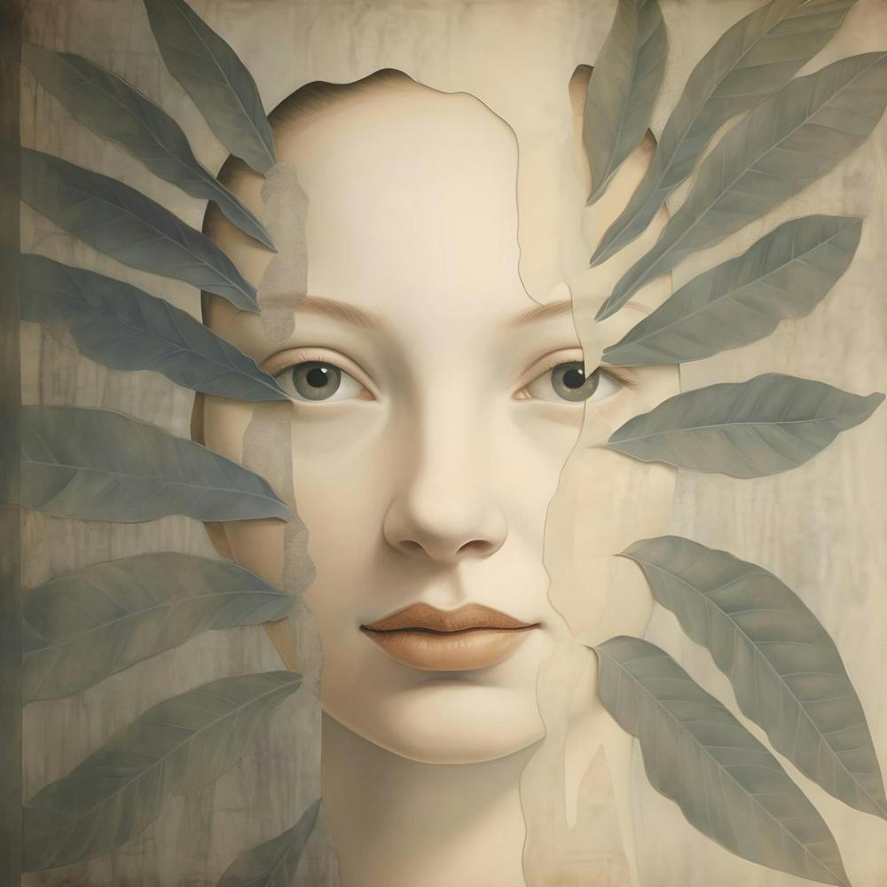 Untitled By F Parrish | surrealism | digital art | vintage look | muted colours | nature | female face | figurative | botanical | square | collage | nature