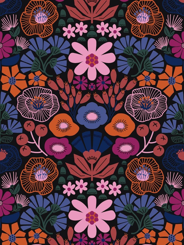 Modern Botanical Folk Art Damask Pink, Magenta, Blue, Green, Purple, Orange