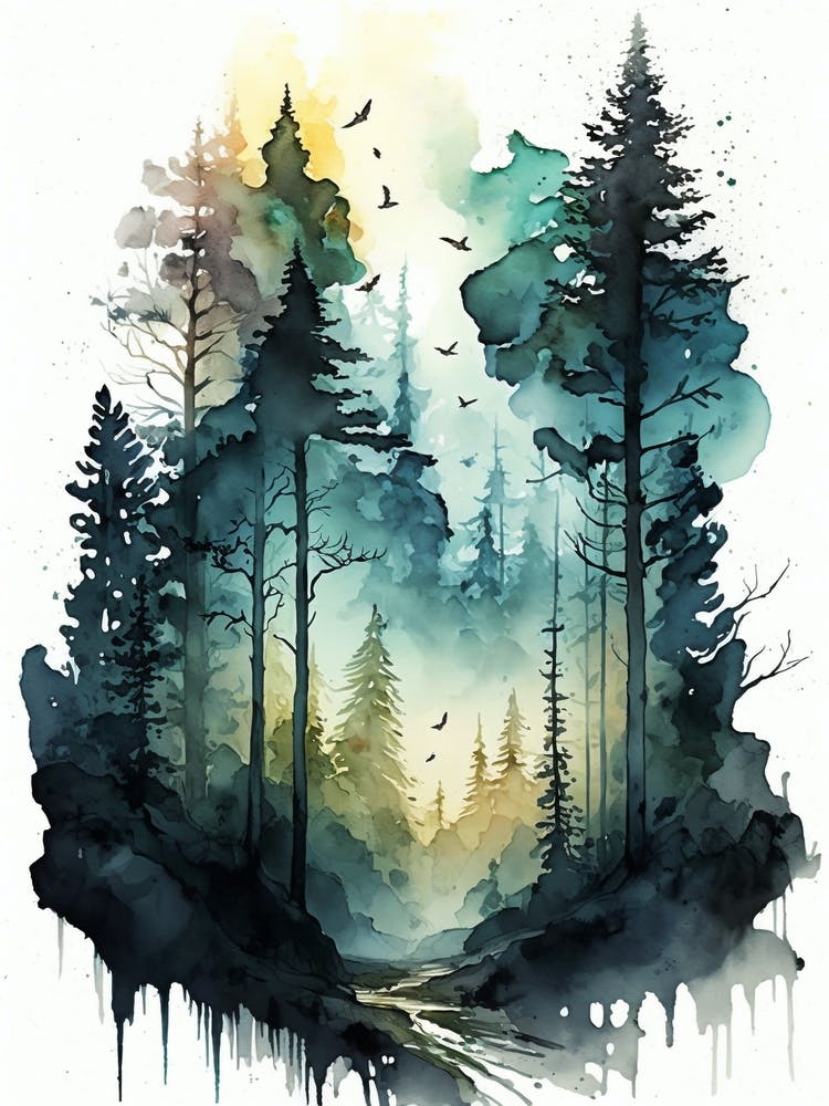 Watercolor Forest Painting
