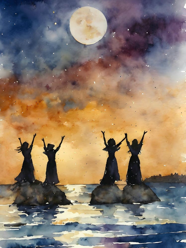 Sea Witches ~ Lunar Goddess Drawing Down The Moon ~ Witchy Pagan Manifesting Spells Watercolour Wiccan Artwork