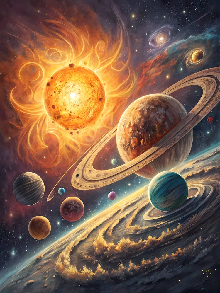 A Celestial Design with Planets and a Sun Oil Painting Style