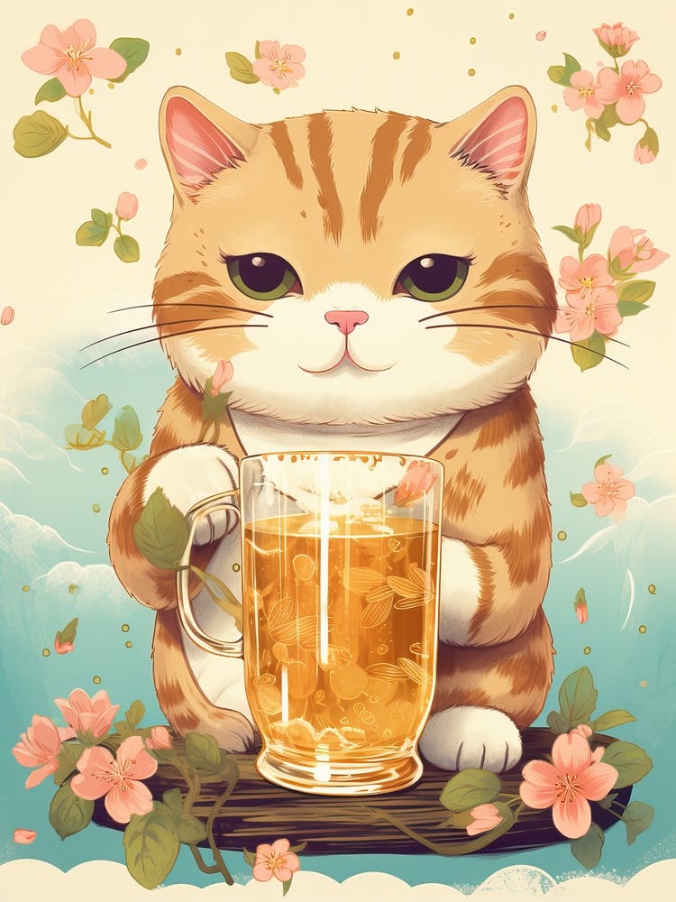 Kawaii Cat Drawings Drinking Tea 1