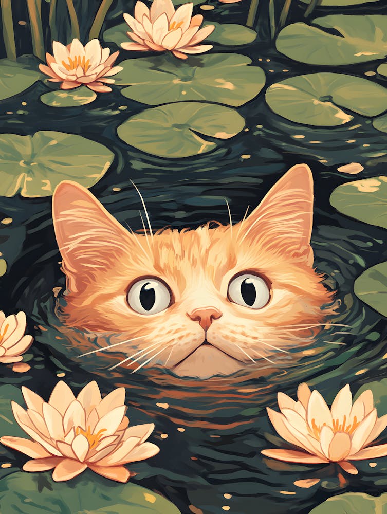 Süße Katze schwimmt zwischen Seerosen 4