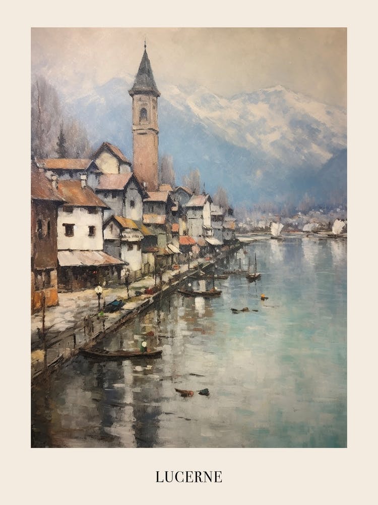 Vintage Winter Painting Poster Lucerne Switzerland