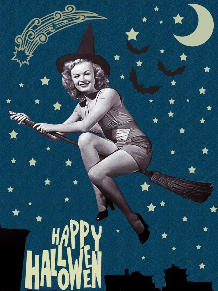 Happy Halloween Poster With Pinup Witch Riding A Broom On The Moon And Stars