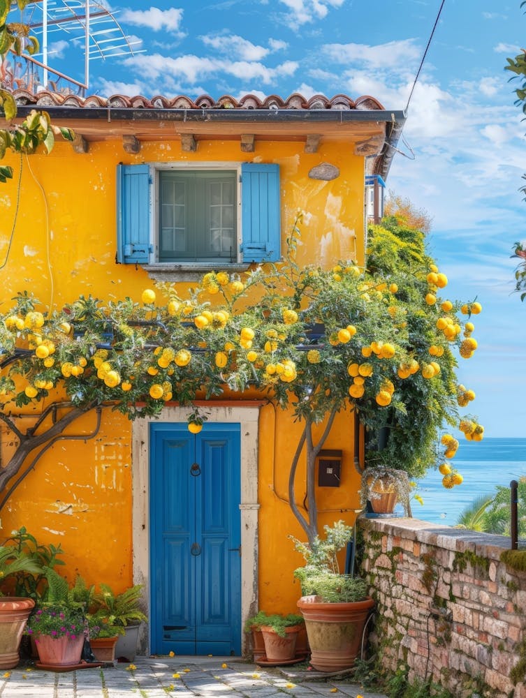 Yellow House With Blue Shutters