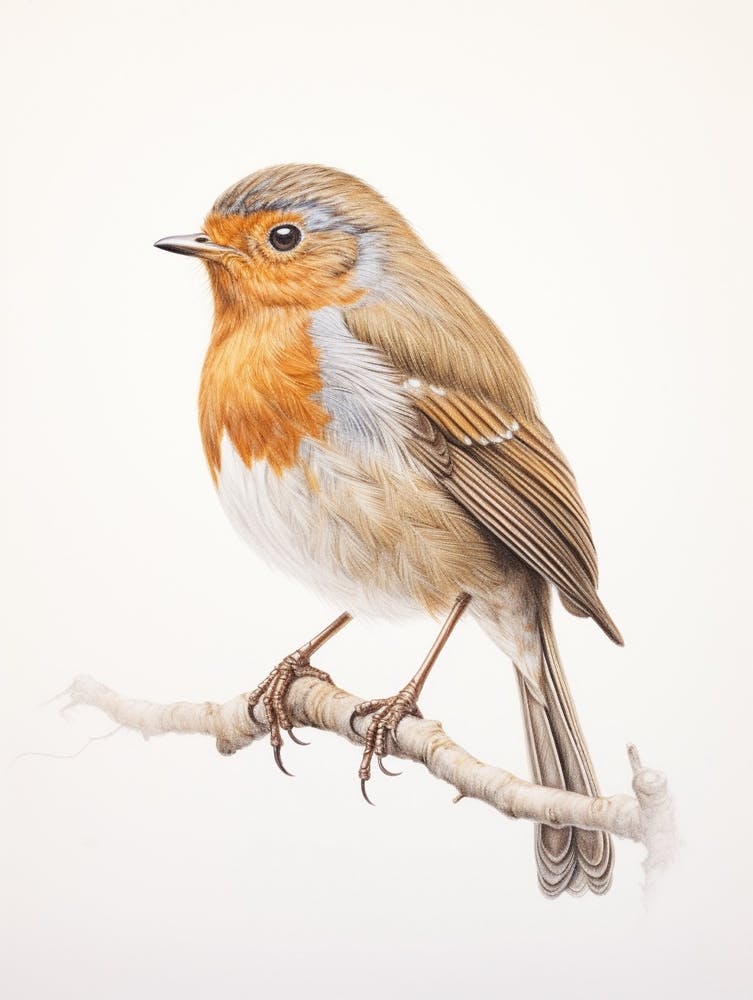 Vintage Bird Drawing European Robin 1