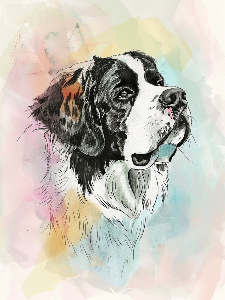 St Bernard Dog Pastel Line Watercolour Illustration  3