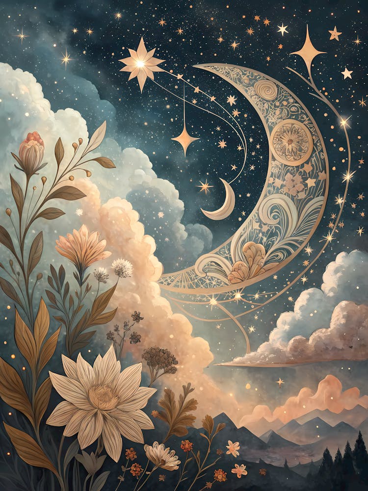 Oil Painting Style Bohemian Celestial Sky Floral Moon & Stars Art