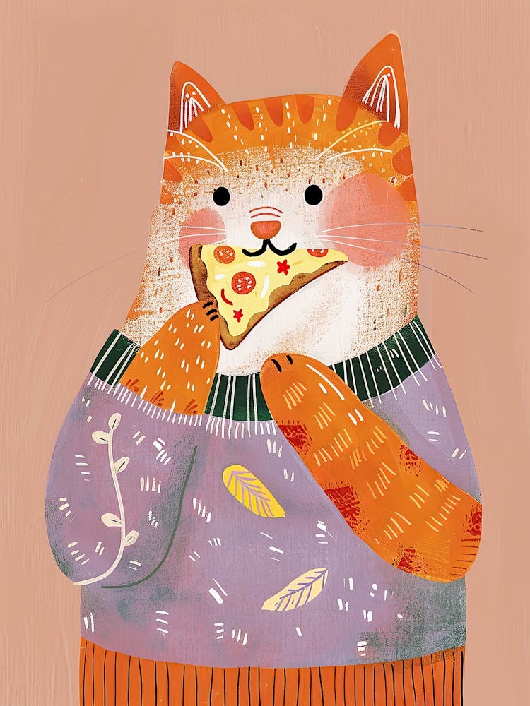 Orange Cat Pizza Lover Folk Illustration 3