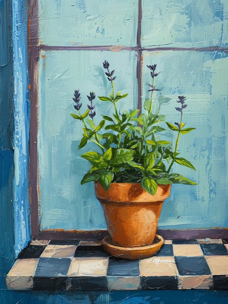 Potted Herbs On A Blue Checkered Windowsil 3