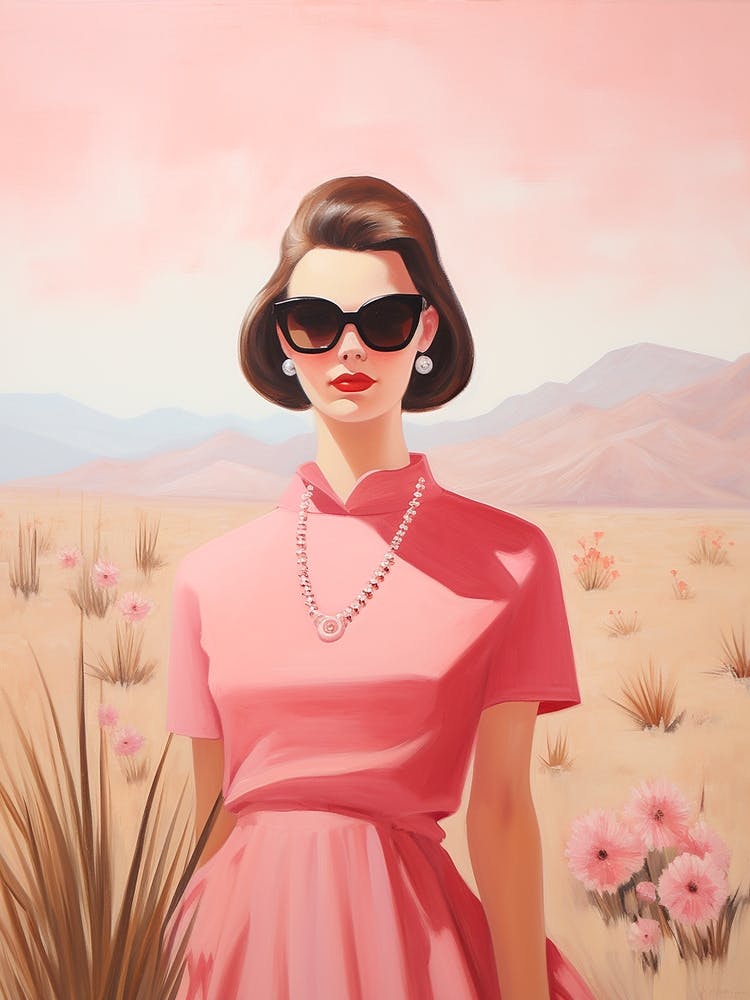 Portrait Rétro Dame Rose Années 1950 Désert