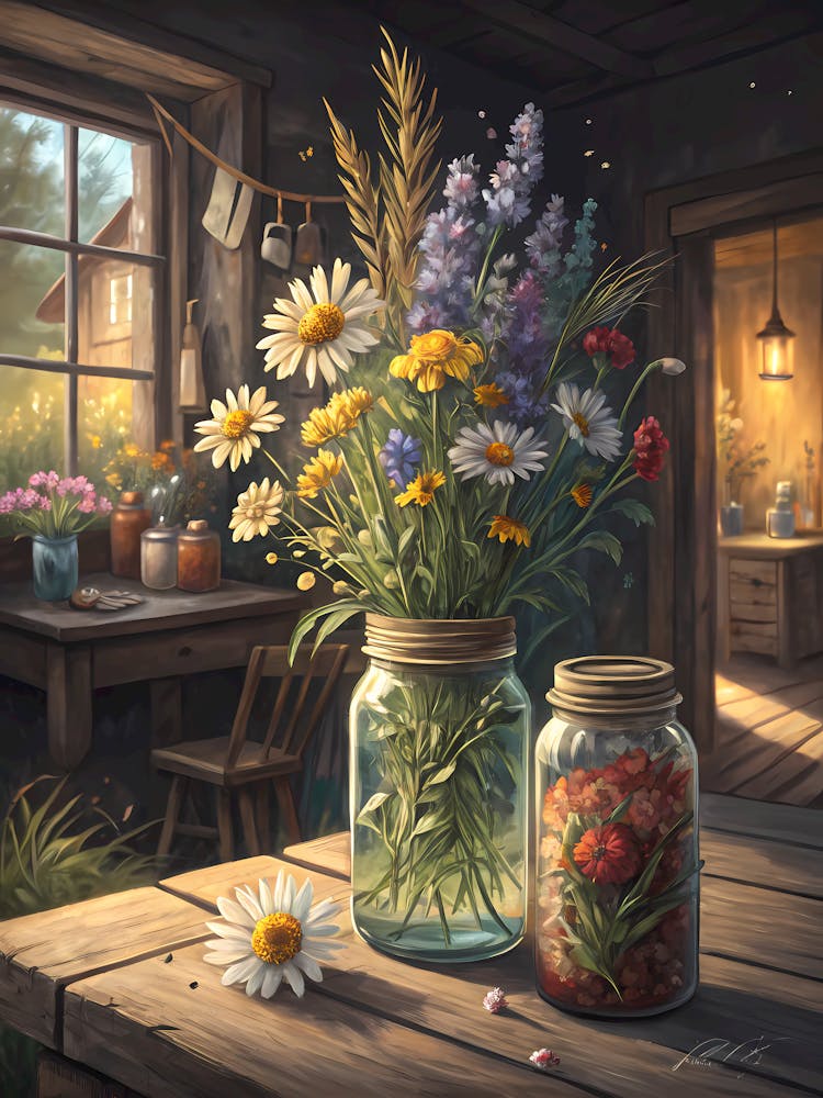 Wildflowers in Mason Jars for a Countryside Home Oil Painting Style