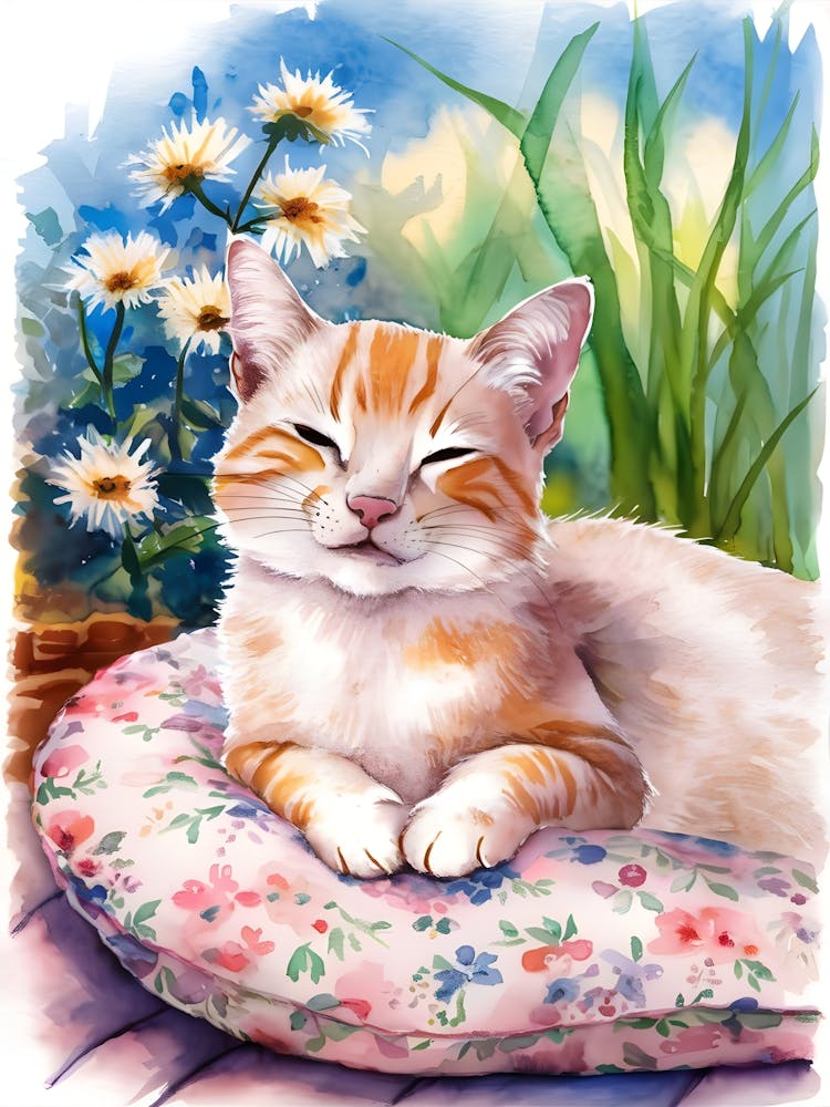 Watercolor Cat On A Pillow