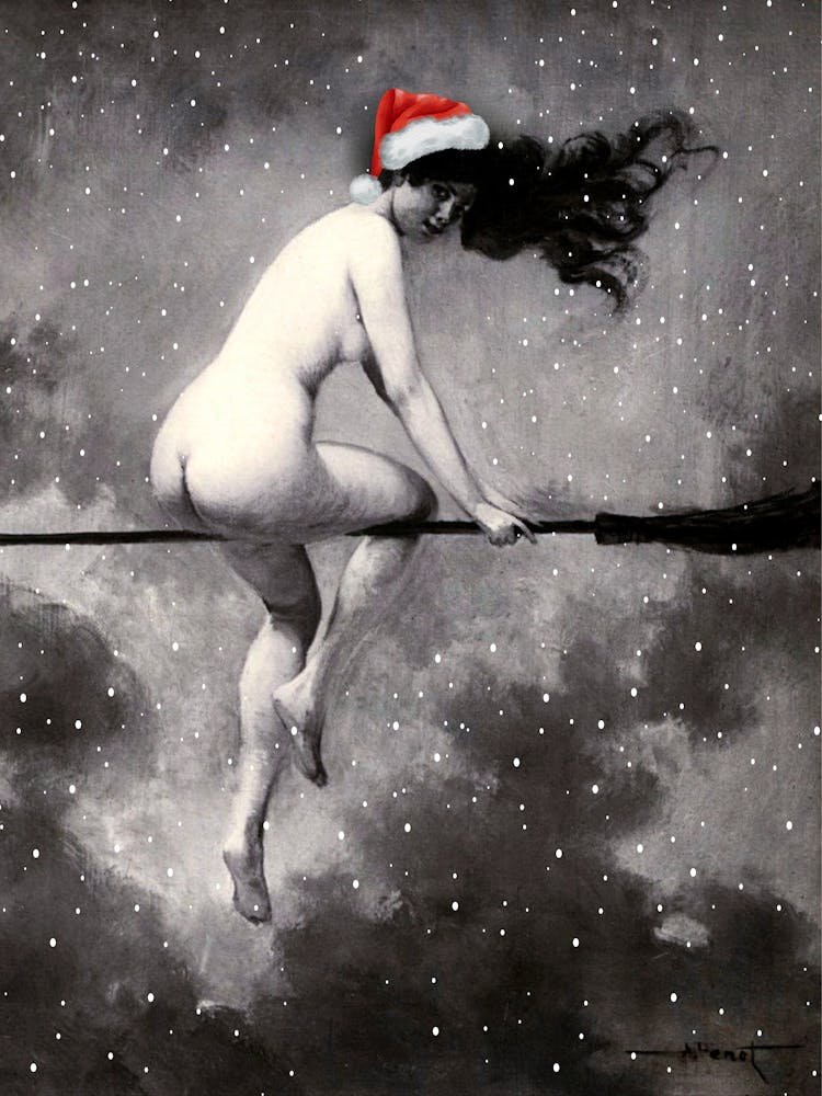 Christmas Witch in a Santa Hat on a Broomstick in the Snow - Pour Le Sabbat Antique Humor