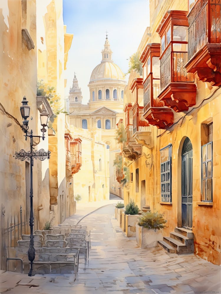 Valletta Malta In Autumn Fall, Watercolour 2