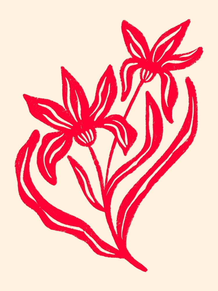 Textured Stylized Flowers Botanical Art Red
