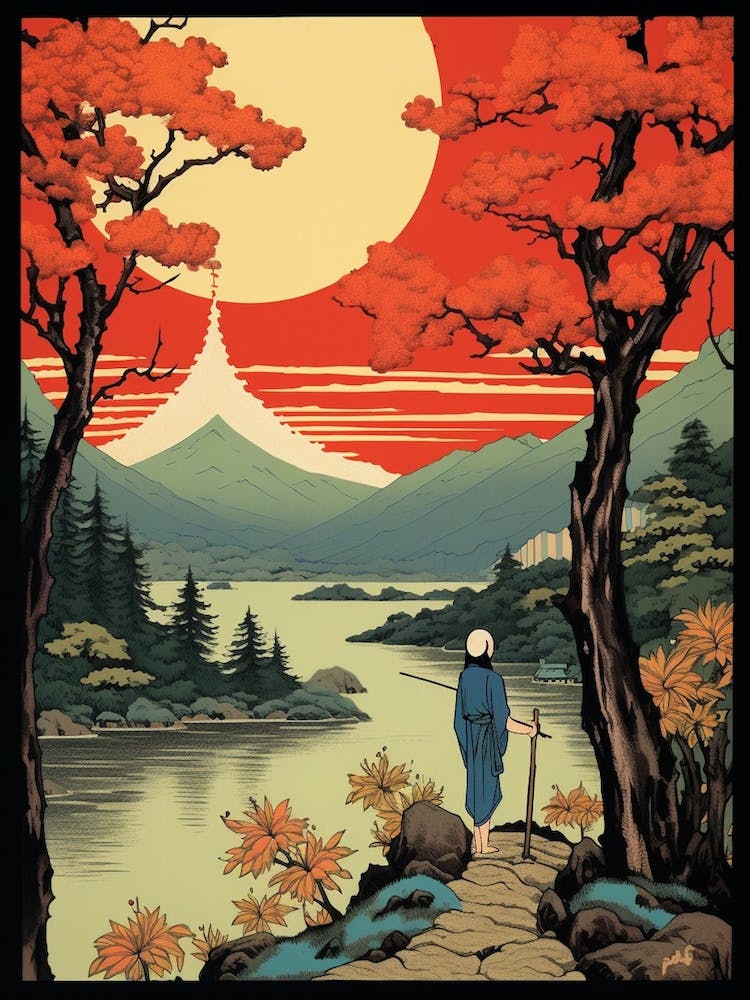 Lake Ashi, Japan Vintage Travel Art 1