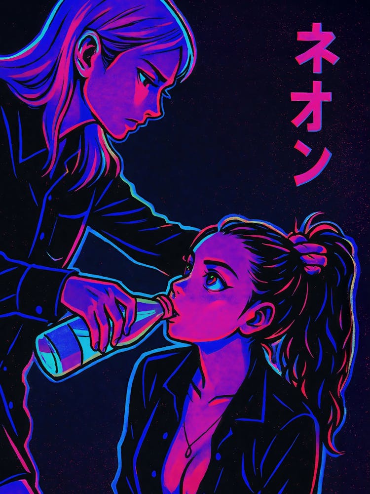 Neon Drink Milk Cyberpunk Girls Poster: A bold vaporwave fantasy of the "Forced to Drink Milk" Meme in glowing neon – two sexy anime girls caught in a kinky moment of dominance and fetish play. This hentai-style poster blends boobs, BDSM, bottle play, and