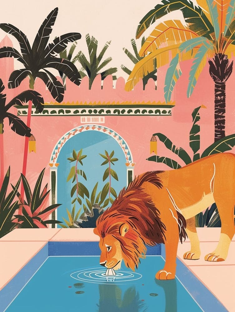African Lion Drinking From A Watering Hole Illustration 3