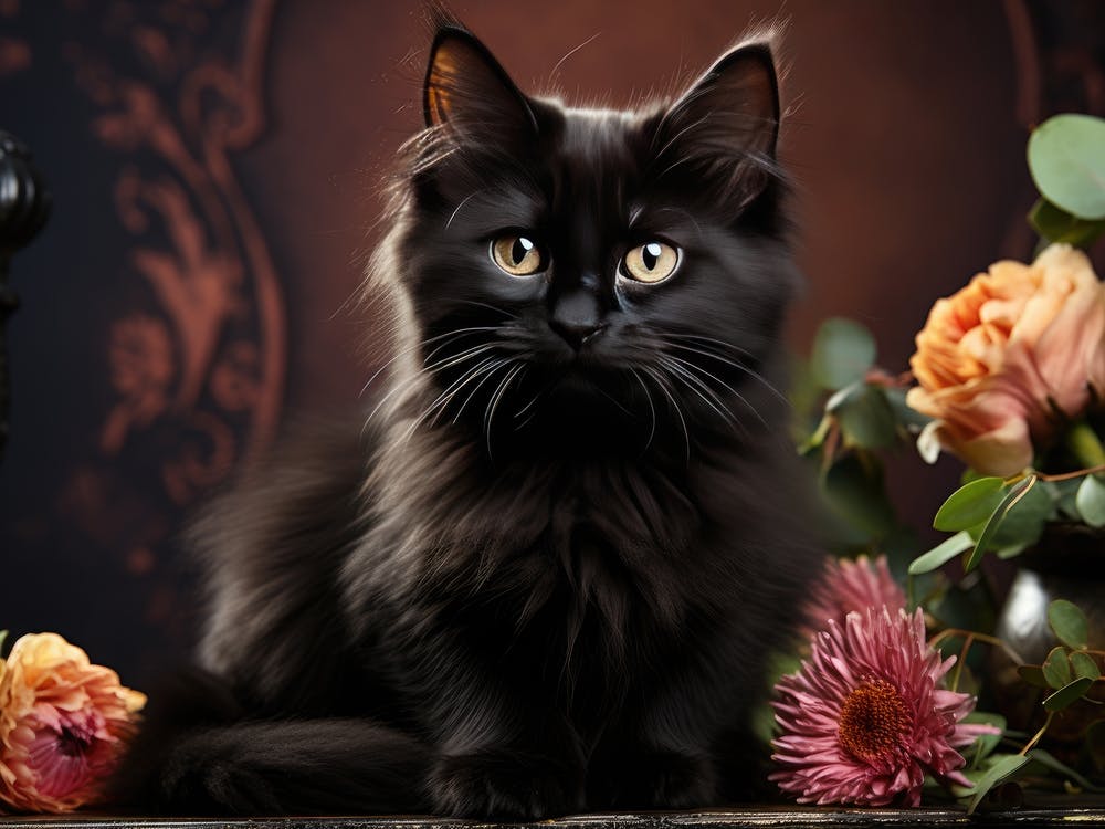 Cute Black Cat And Flowers 05