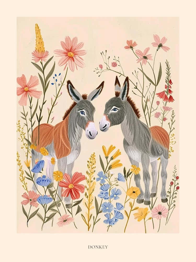 Folksy Floral Animal Drawing Donkey 3 Poster