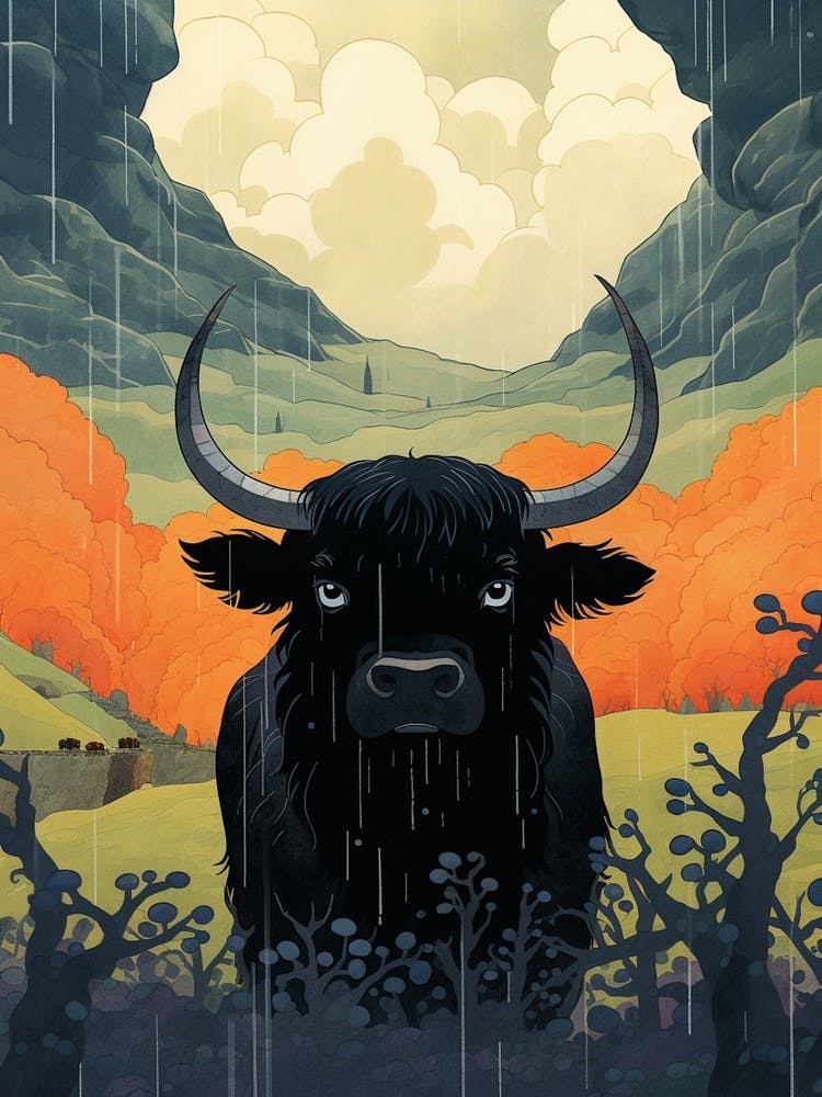 Taureau noir dans les Highlands orageux