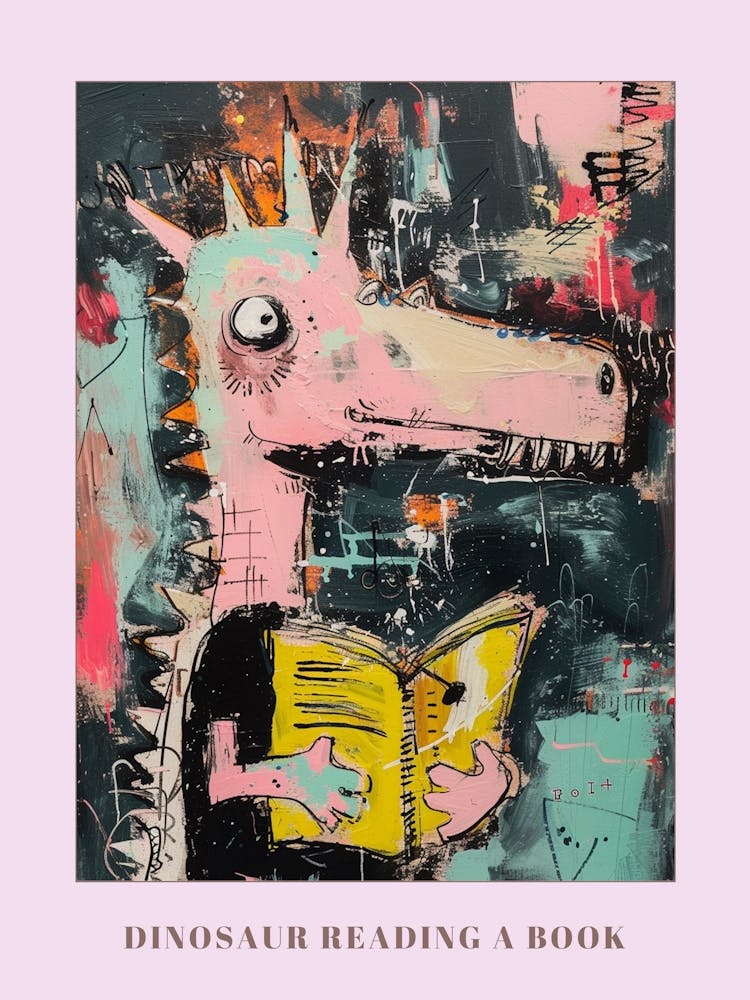 Dinosaur Reading A Book Pink Blue Graffiti Brushstroke 2 Poster
