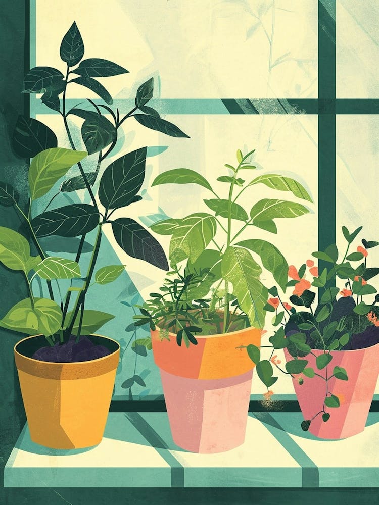 Sweet Illustrations Of Potted Herbs On The Windowsil 4