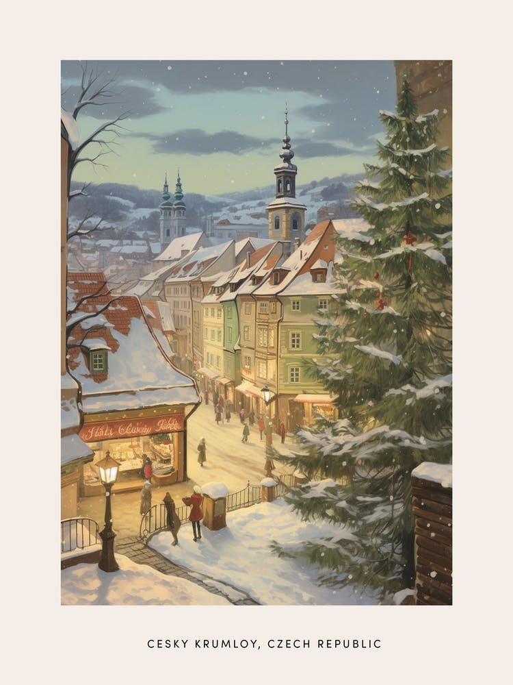 Vintage Winter Poster Cesky Krumloy Czech Republic 2