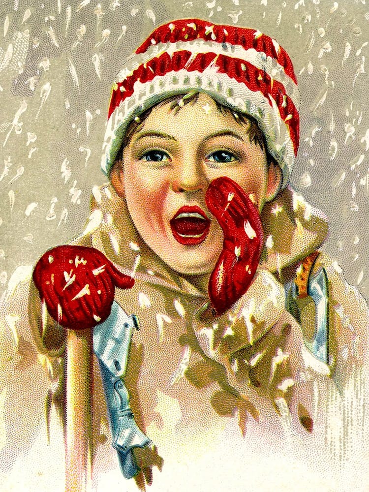 A Boy In A Snow, Vintage Holiday Poster