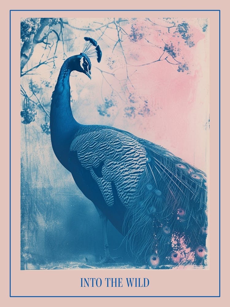Peacock By The Tree Cyanotype Inspired Poster