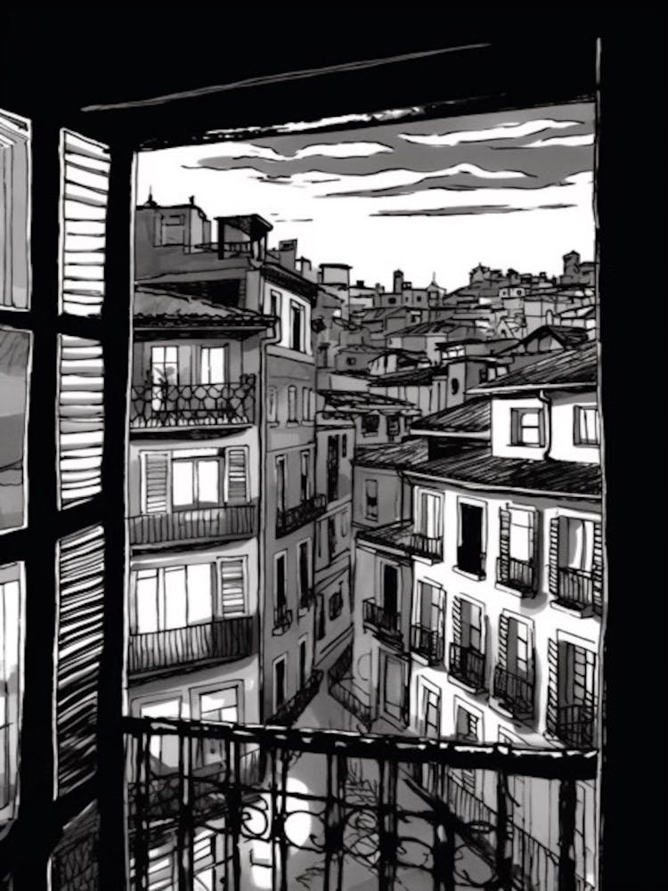 A Window View Of Barcelona In The Style Of Black And White  Line Art 2